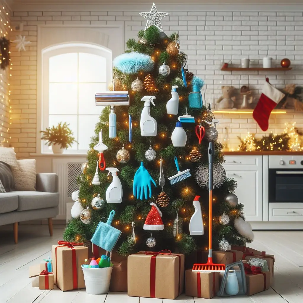 KI-generierter Weihnachtsbaum mit Putzutensilien