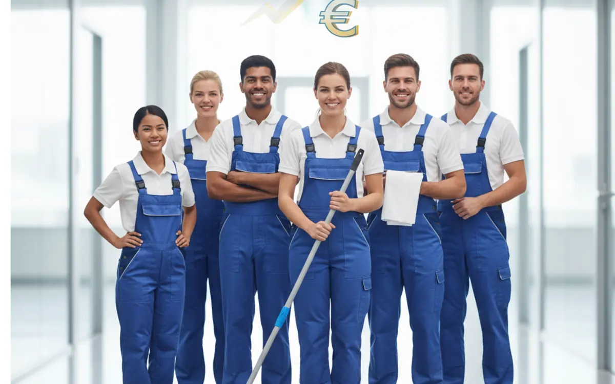 Gebäudereiniger-Team vor einer ansteigenden Lohnkurve