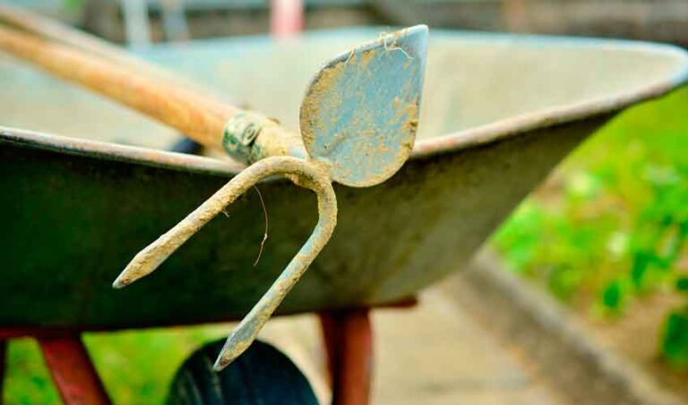 Gartenpflege mit Schubkarre und Hacke