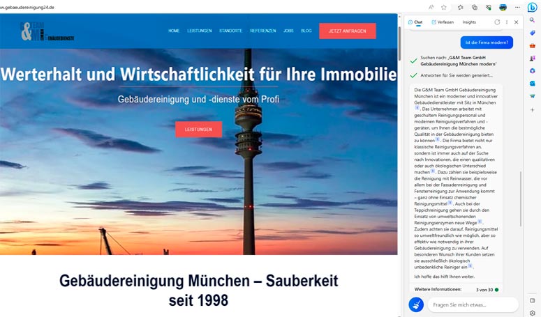 Screenshot einer Abfrage von Chat GPT über die Gebäudereinigung G&M Team GmbH München