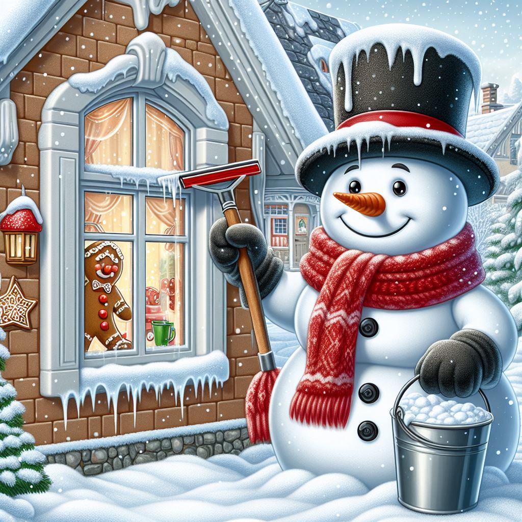 DALL-E 3 generiertes Bild: Schneemann beim Fensterputzen an einem Lebkuchenhaus