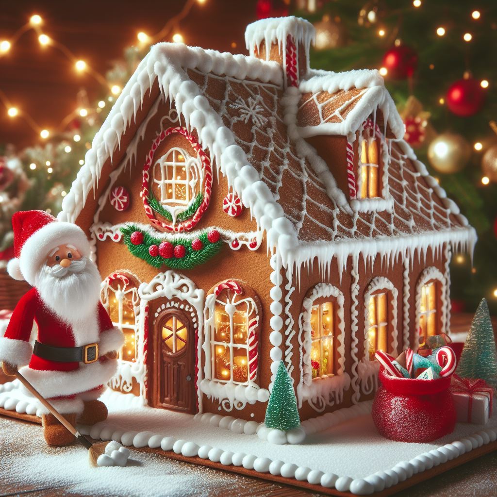 DALL-E 3 generiertes Bild: Weihnachtsmann beim Schneeräumen vor einem Lebkuchenhaus