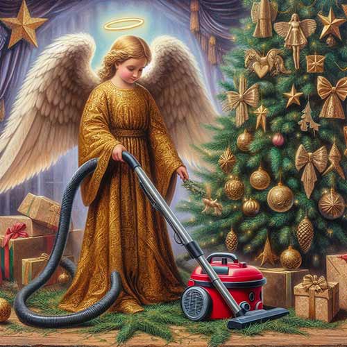 DALL-E 3 generiertes Bild: Engel staubsaugt unter einem Weihnachtsbaum